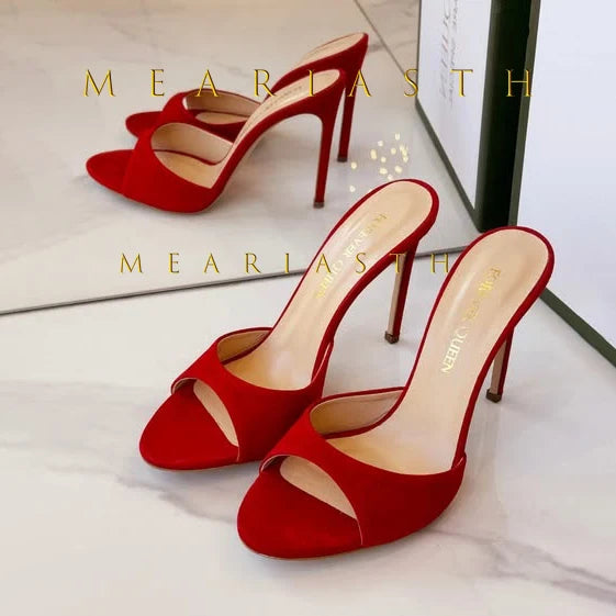 Red Patent Leather Stiletto Slippers Open Toe Solid Sexy High Heels Summer 2025 New Nightclub Outside Plus Size 45 Luxury Shoes