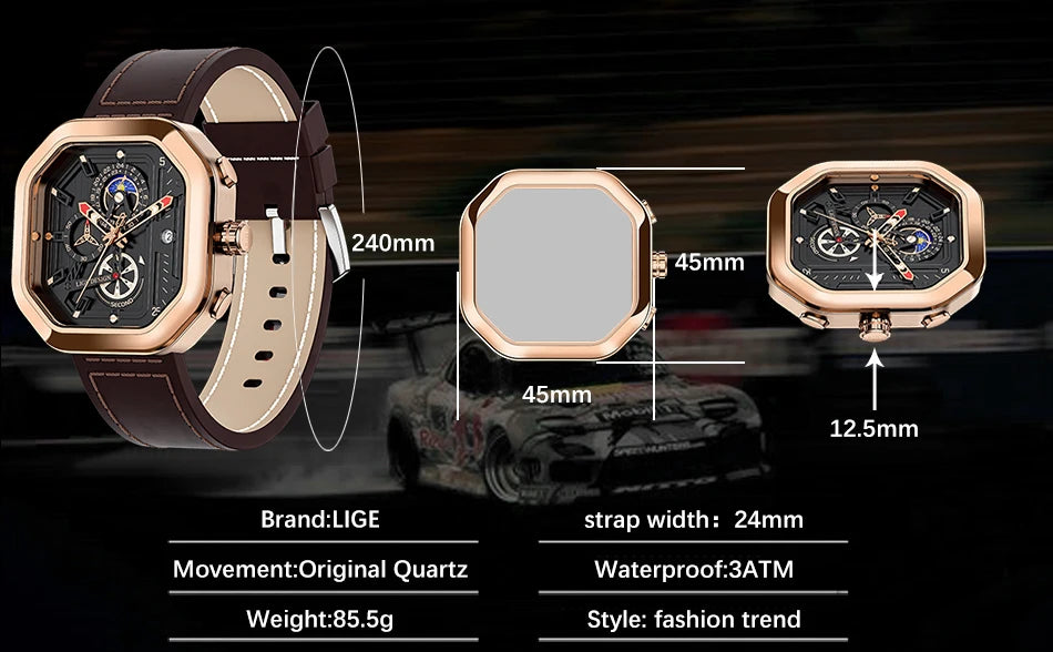 2025 LIGE Business Leather Watch For Men Top Brand Luxury Mens Watches Waterproof Quartz Wrsitwatch 24 Hours Moon Phase Clock