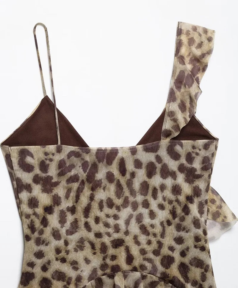 MUJER Print Ruffle Tulle Top Women Leopard Backless Tops Woman 2025 Summer Camisole Beach Top Female Sleeveless Tops for Women