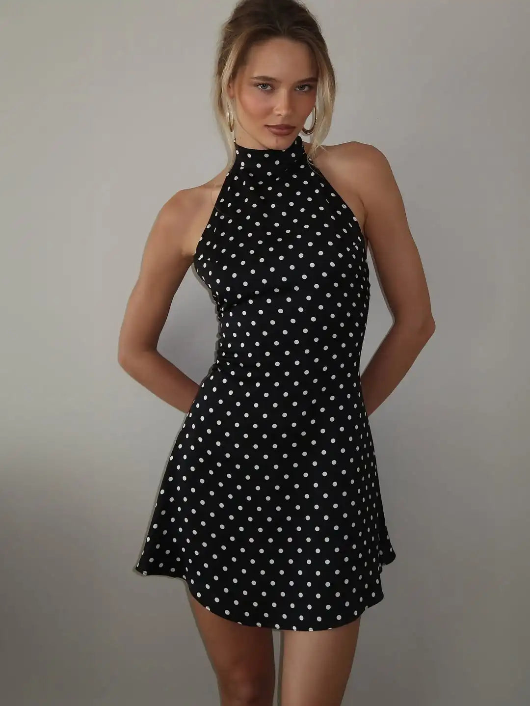 Talenza Polka Dot Mini Dress For Women Summer Off Shoulder Sleeveless Backless Halter Dress Female Elegant Party Slim Dress 2025