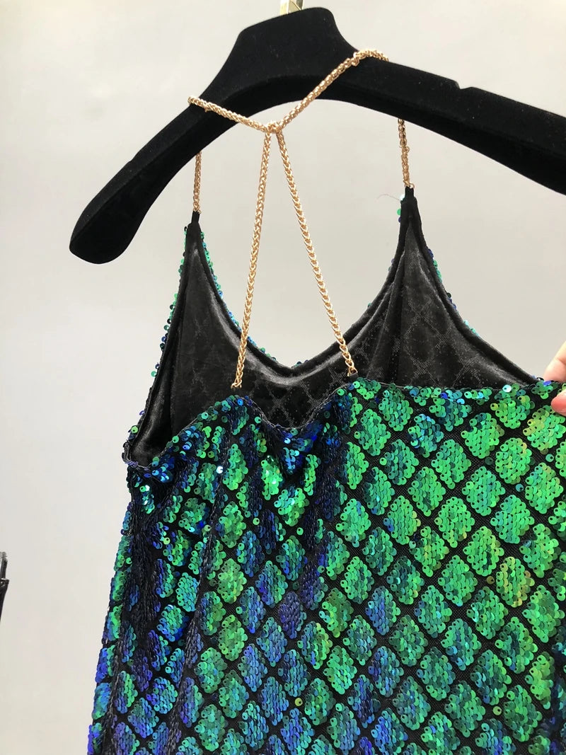 Sexy Dresses Party Night Club Dress 2020 Dress Summer Metal Hanging Neck Sequins Backless Holiday Skirt with Shoulder-straps
