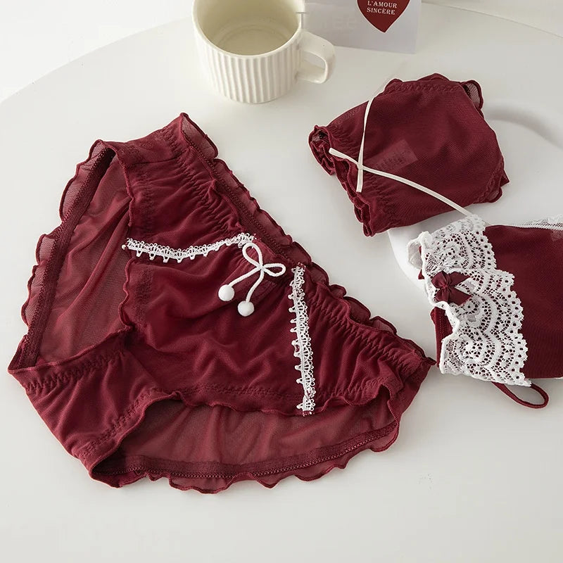 L-XL Women's Underwear Panty Sexy Lace Panties Bowknot Wine Red Brief Med Waist Seamless Underpants Female Lingerie Panties
