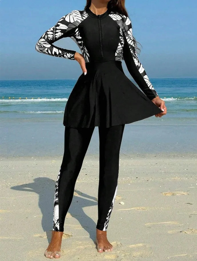 Burkini Femmes Swimwear Long Sleeve Black Tunic Swimsuit Full Leggings Front Zipper Swimming Suit Sun Protection Two Piece