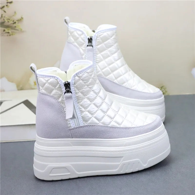 12cm Winter Leather Silver Women Snow Boots Thick Sole Waterproof Warm Platform Boots Women Plush Mid-calf Boots Increases Heigh