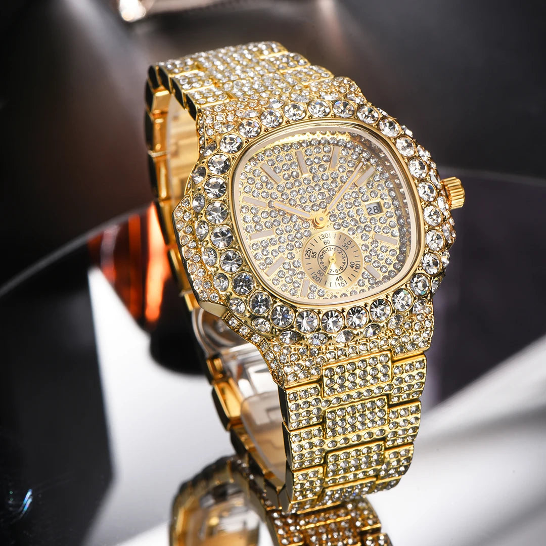 MISSFOX Iced Out Watch For Men Luxury Fashion Gold Quartz Watches Hip Hop High Quality Waterproof  Male Daimond Clock New Gift
