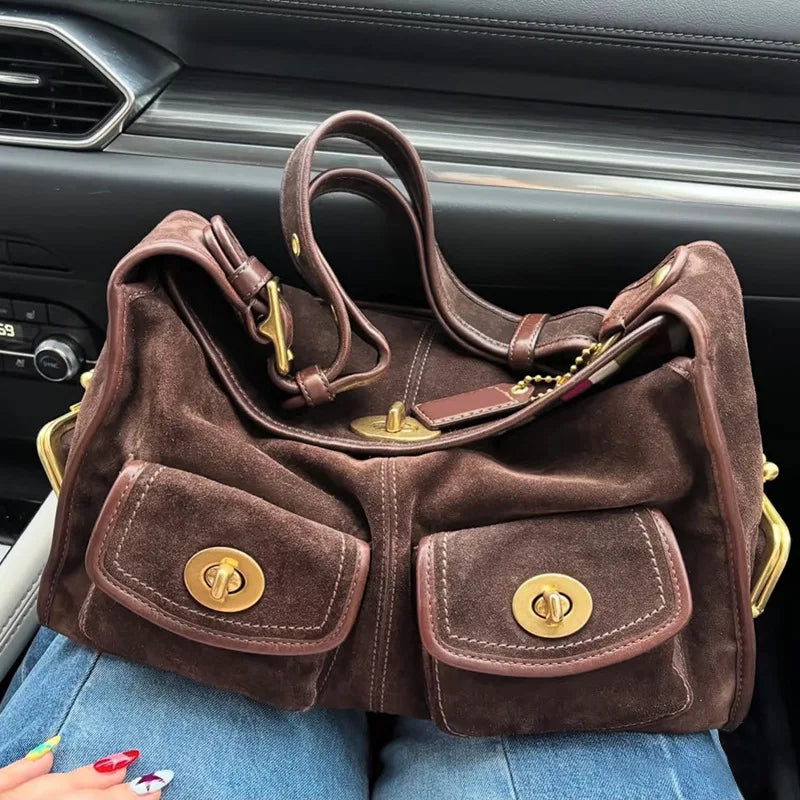 Casual Commuter Large Capacity Suede Pillow Bag Single Shoulder Crossbody Bag Vintage Style Polyester Lining Zipper Closure