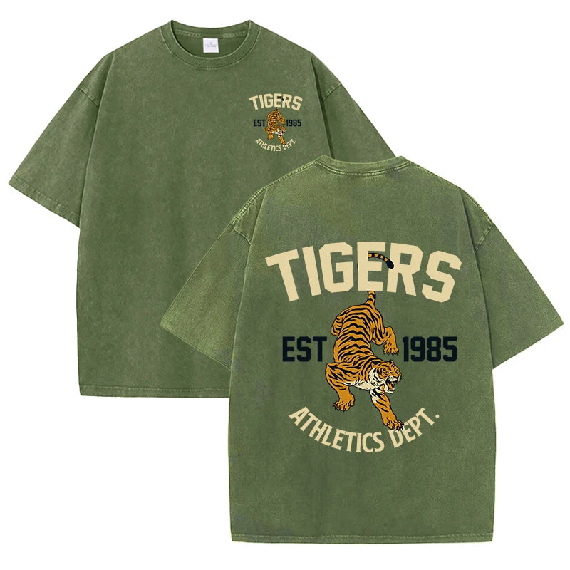 Tigers Est 1985 Sport Print Washed Women T-Shirt Summer Casual Retro T Shirts Snow Wash Tee Top Loose Unisex Retro Streetwear