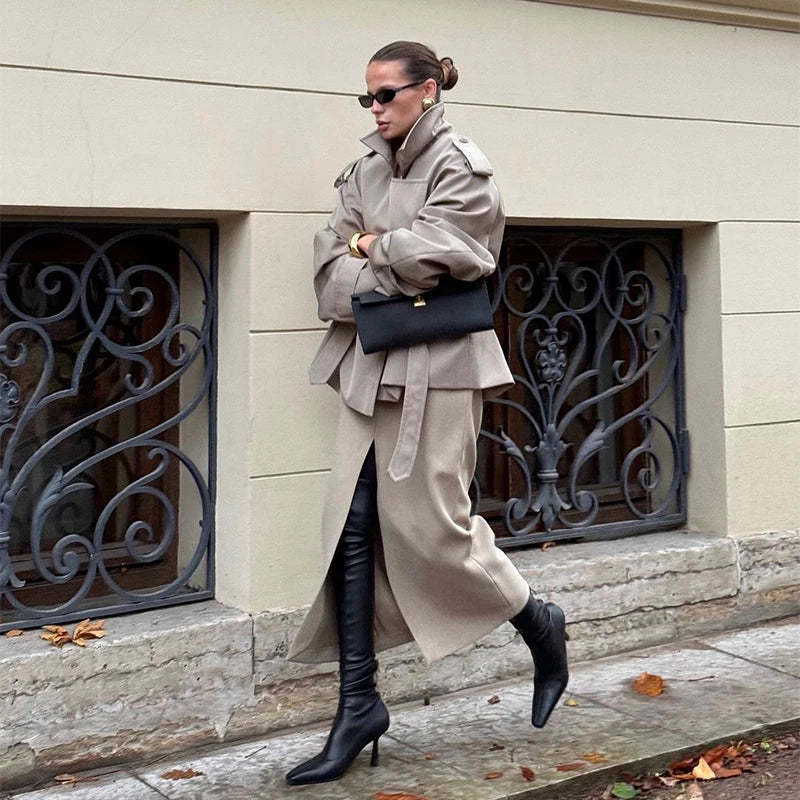 Lace Up Cropped Trench Coat Fashion Women Lapel Long Sleeves Wide Shoulder Windbreaker Jacket Lady 2026 Spring Commuting Outwear