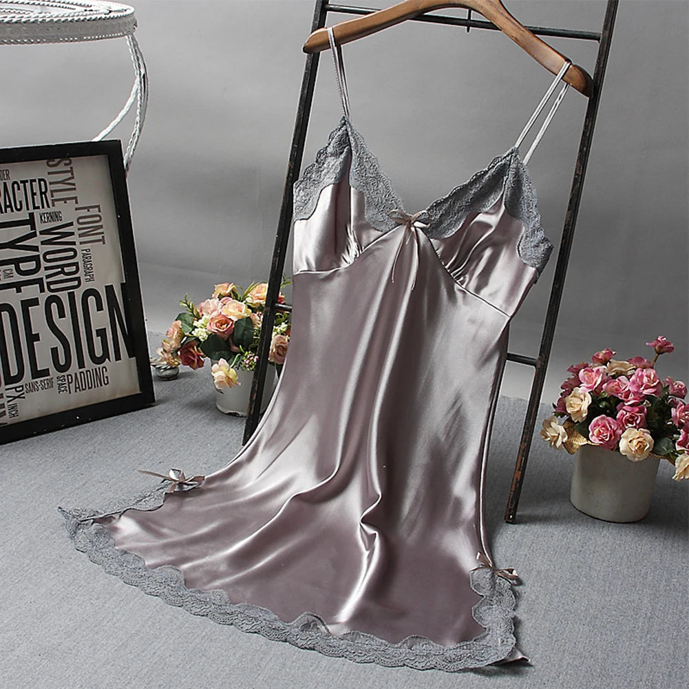 Ladies Sexy Silk Satin Night Dress Nightgown Sleeveless Lace Lingerie Sleepwear Ladies Wrap Dress Robe Sleepwear