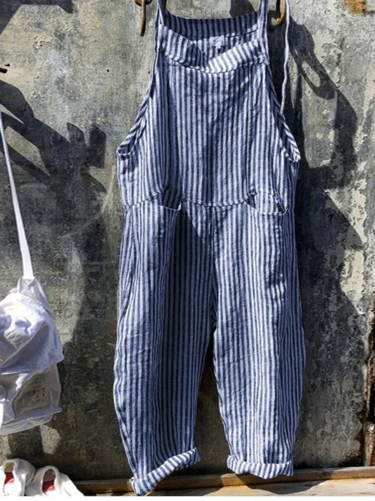Women's Stripe Jumpsuits Cargo Pants Wide Leg Pants Trousers Multicolor Ethnic Bib Sleeveless Casual Loose Jumpsuit With Pockets