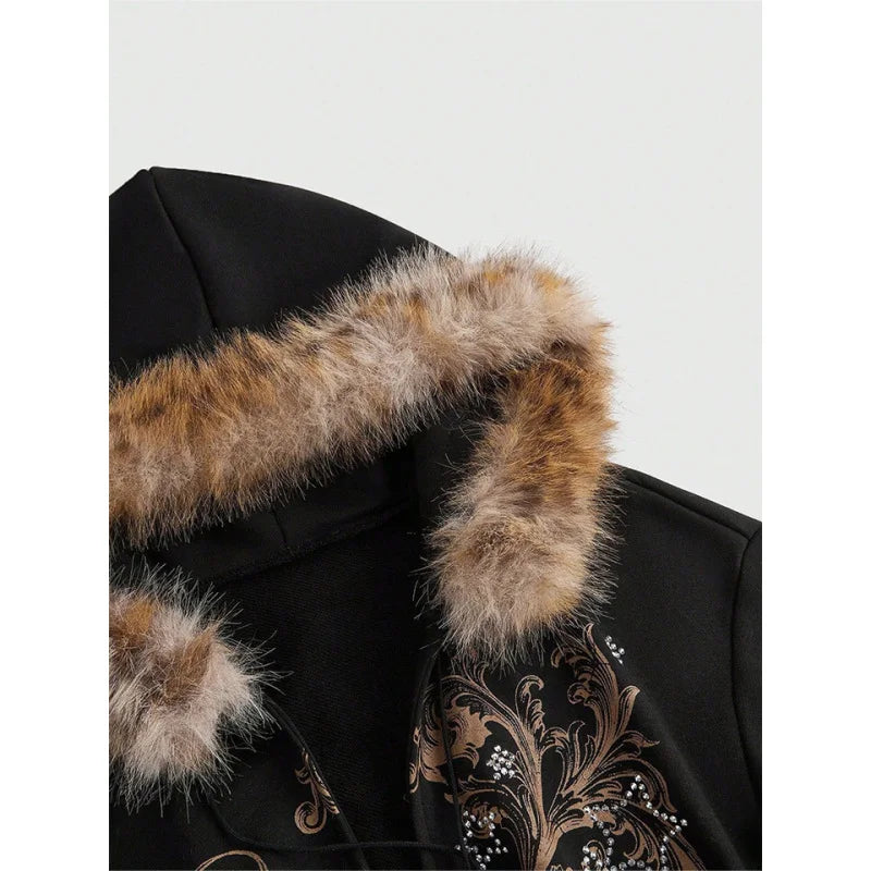 Winter Warm Gothic Print Hoodie Women's Clothin Faux Fur Crop Top Zip-Up Sweatshirt Fashion Y2K Streetwear Hooded Jacket 2026New