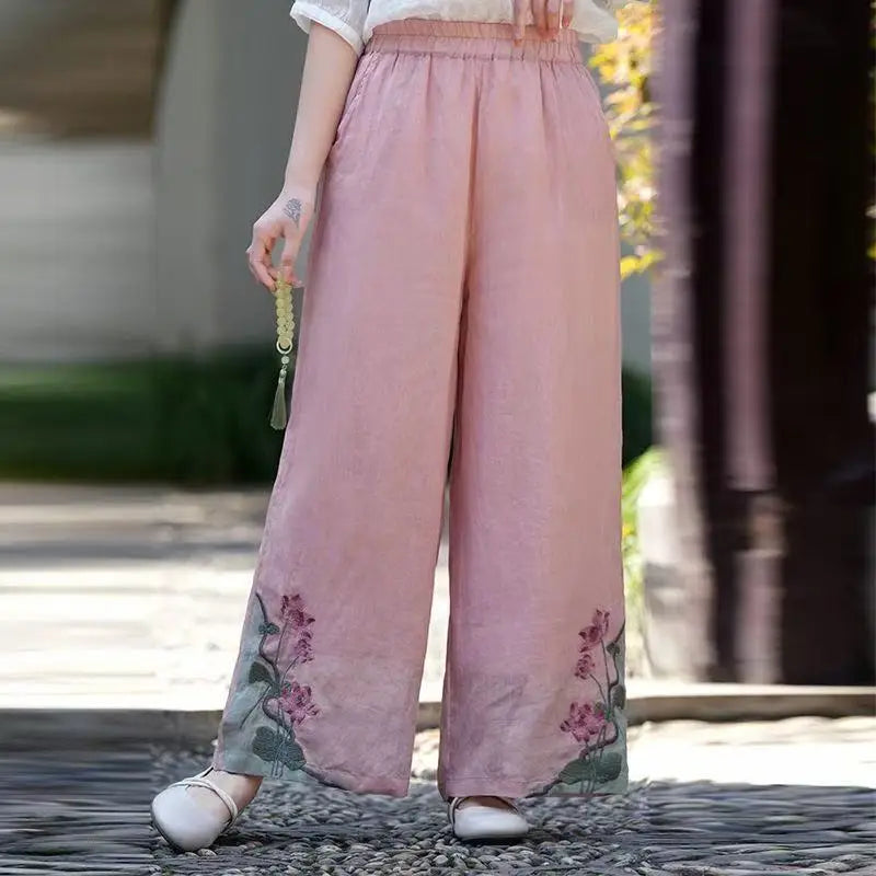 Chinese Style Vintage Embroidery Casual Trousers Women Summer Pants Literature Art National Style Retro Embroidery Bottoms
