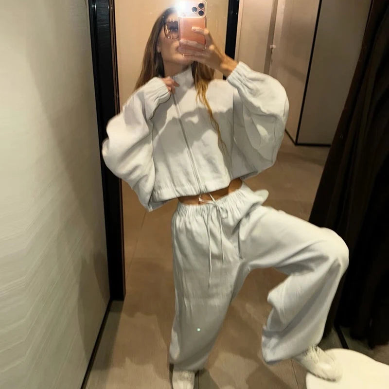 HXAO Women's 2 Piece Tracksuit Set Cropped Jacket Pants Sets Summer Long Sleeve Zip Up Top Wide Leg Trouser Suit Pink Sportswear