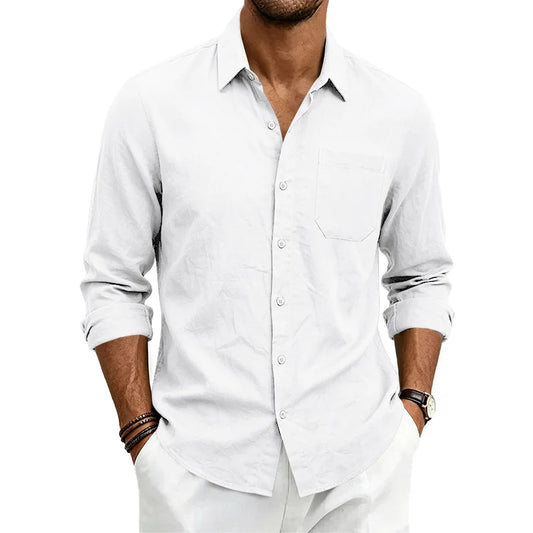Casual Men's Loose Linen Lapel Pocket Button Casual Vacation Solid Color Long Sleeve Shirt Men's