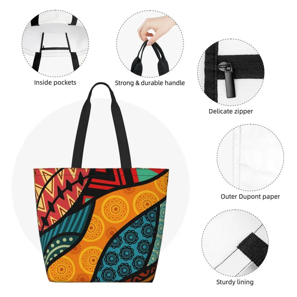 African Ankara Prints Grocery Shopping Tote Bags Women Geometric Ethnic Art Canvas Shoulder Shopper Bags Big Capacity Handbag