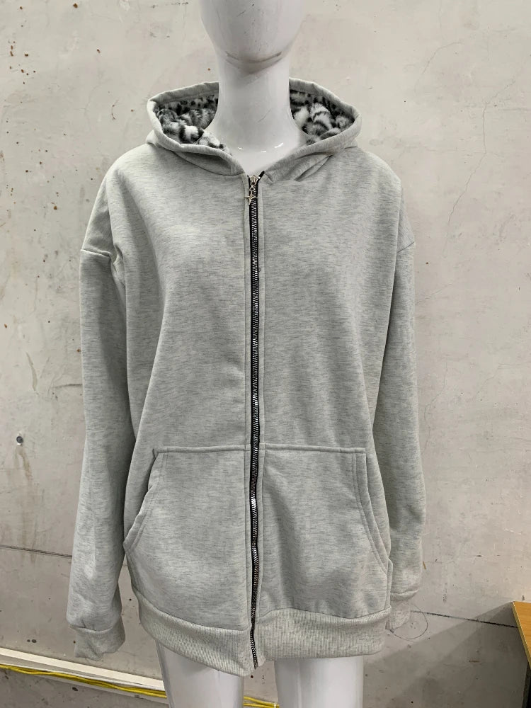 Unisex hoodie hooded sweatshirt with leopard print lining pocket, loose cardigan, zipper sweatshirt, streetwear style