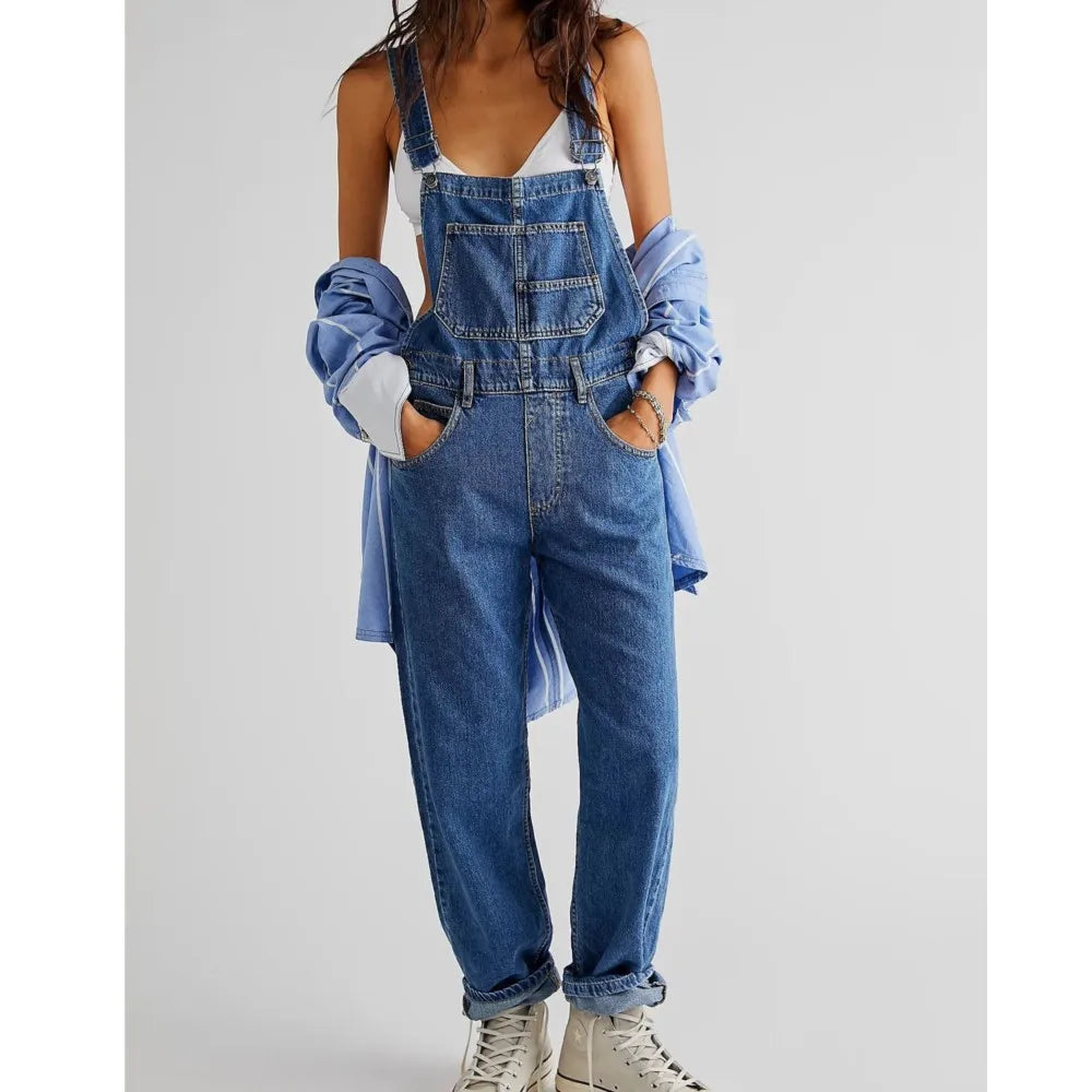 Lady Jumpsuits Retro Loose Straight Shoulder Straps Suspenders Pocket Overalls Casual Commuting Daily Work Wear Fashion Rompers