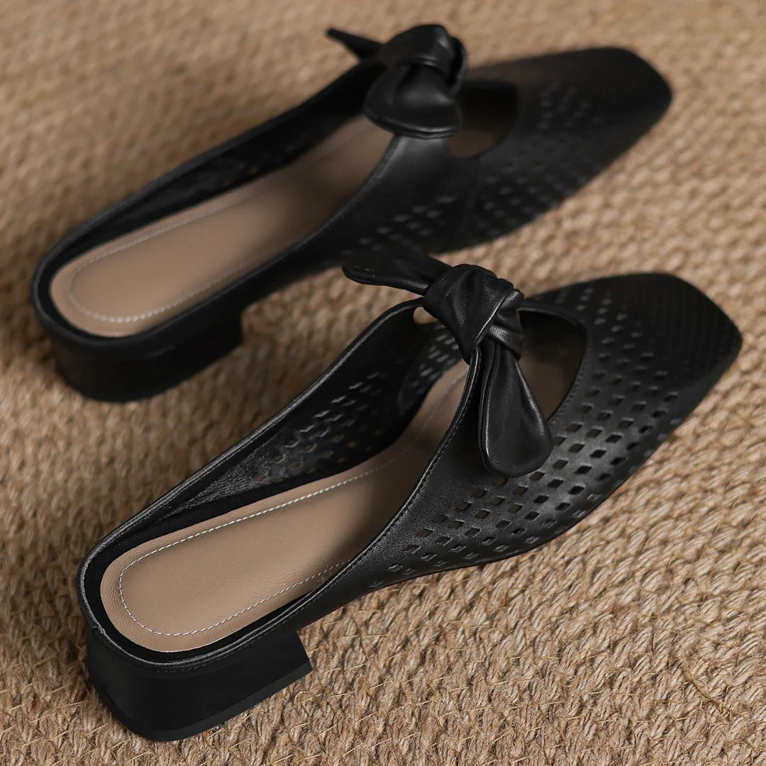 2025 Summer new plus size 34-41 women's hollow-out cow leather slip-on flats summer slides sandals sweet bowtie elegant mules