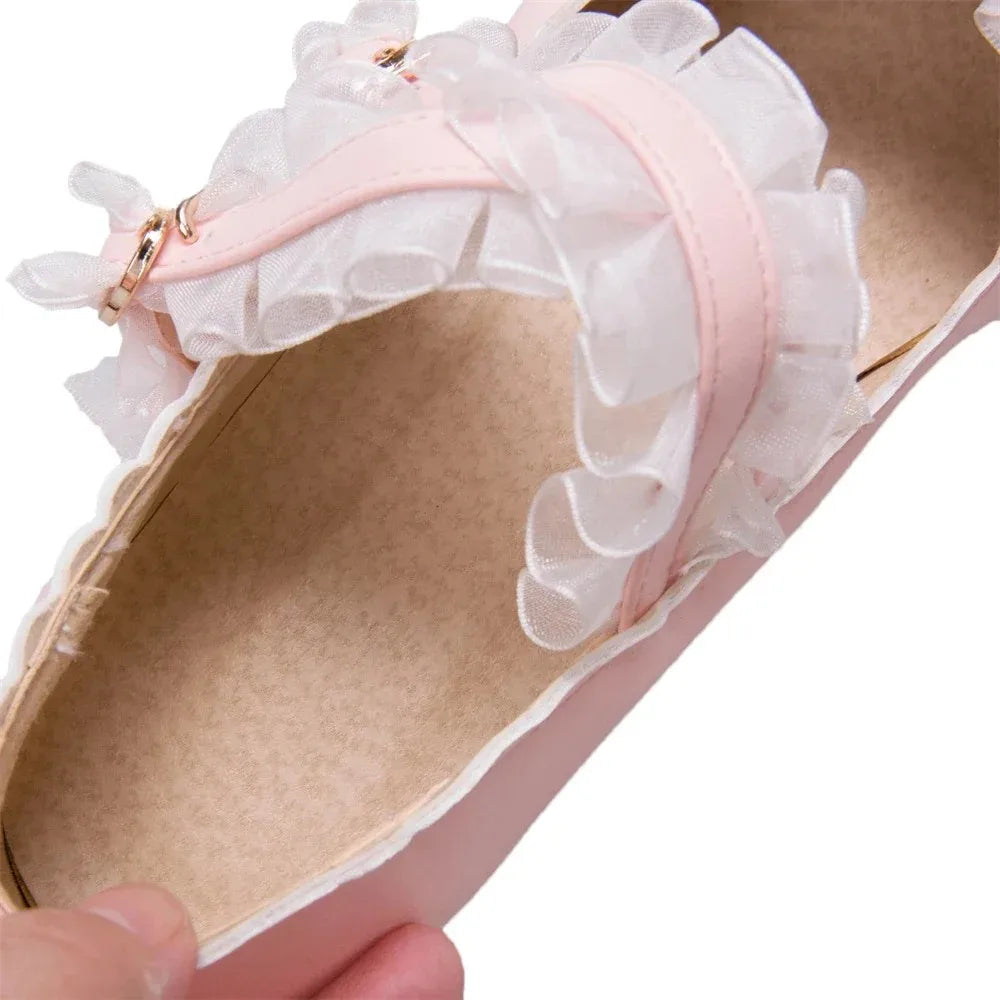 2025 Women High Heels Cross Strap Mary Jane Pumps Party Wedding White Pink Black Ruffles Bow Princess Cosplay Lolita Shoes 41