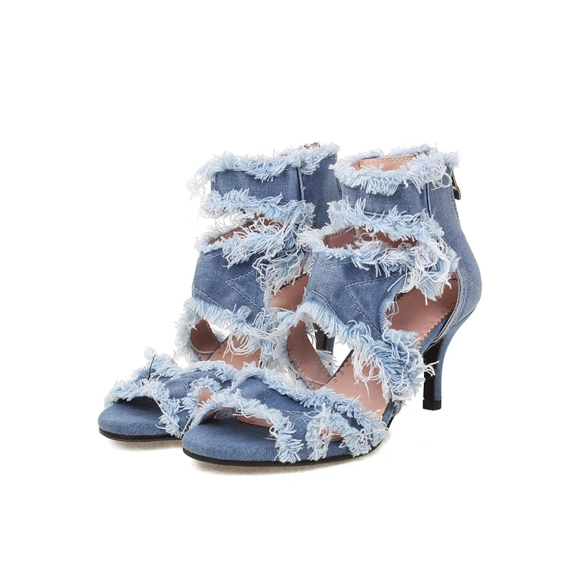 Women's New Summer Europe and America Open Toe Lace Edge Denim High Heel Large Bag Heel Zipper Roman Sandals 44 45 46