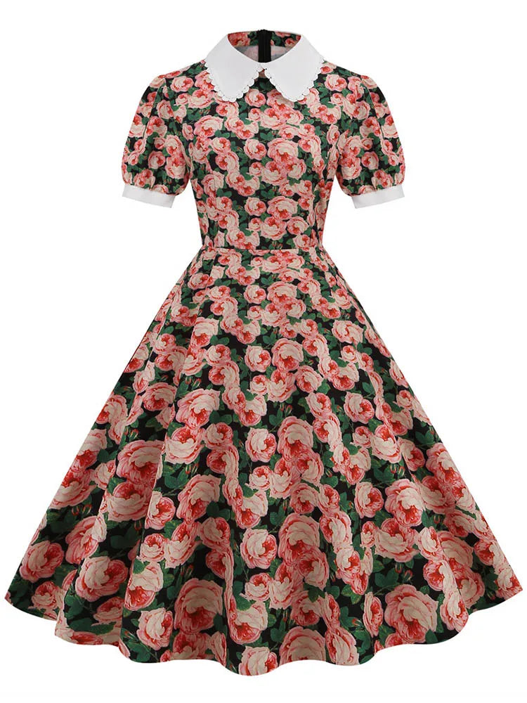 Women Vintage Dress Floral Print Peter pan Collar Elegant Party Dress Puff Short Sleeve Pin Up 50s Party Sundress 3XL