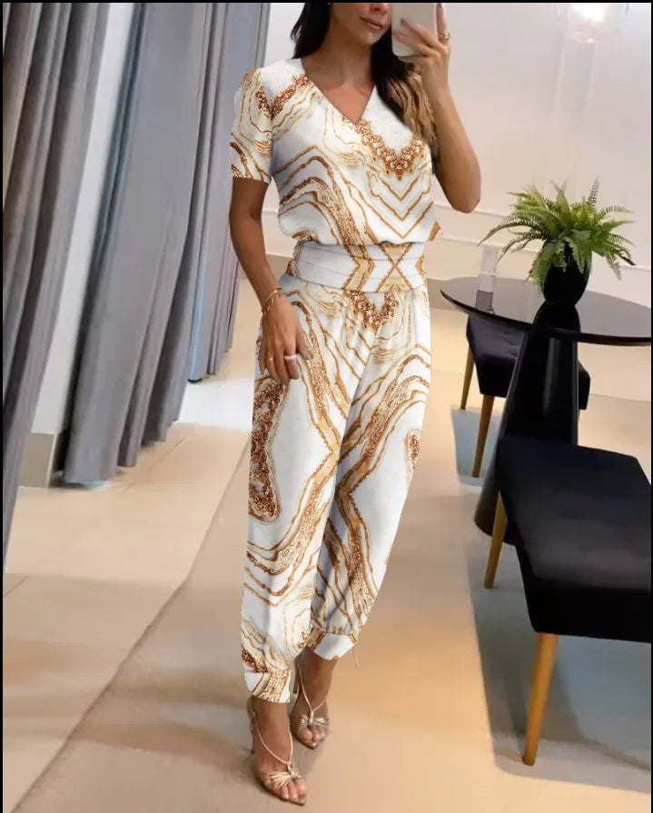 New Women's Summer Tracksuits Pant Sets Fashion Casual V-neck Print Short Sleeve T-shirts and Trousers 2 Piece Sets Women Outfit