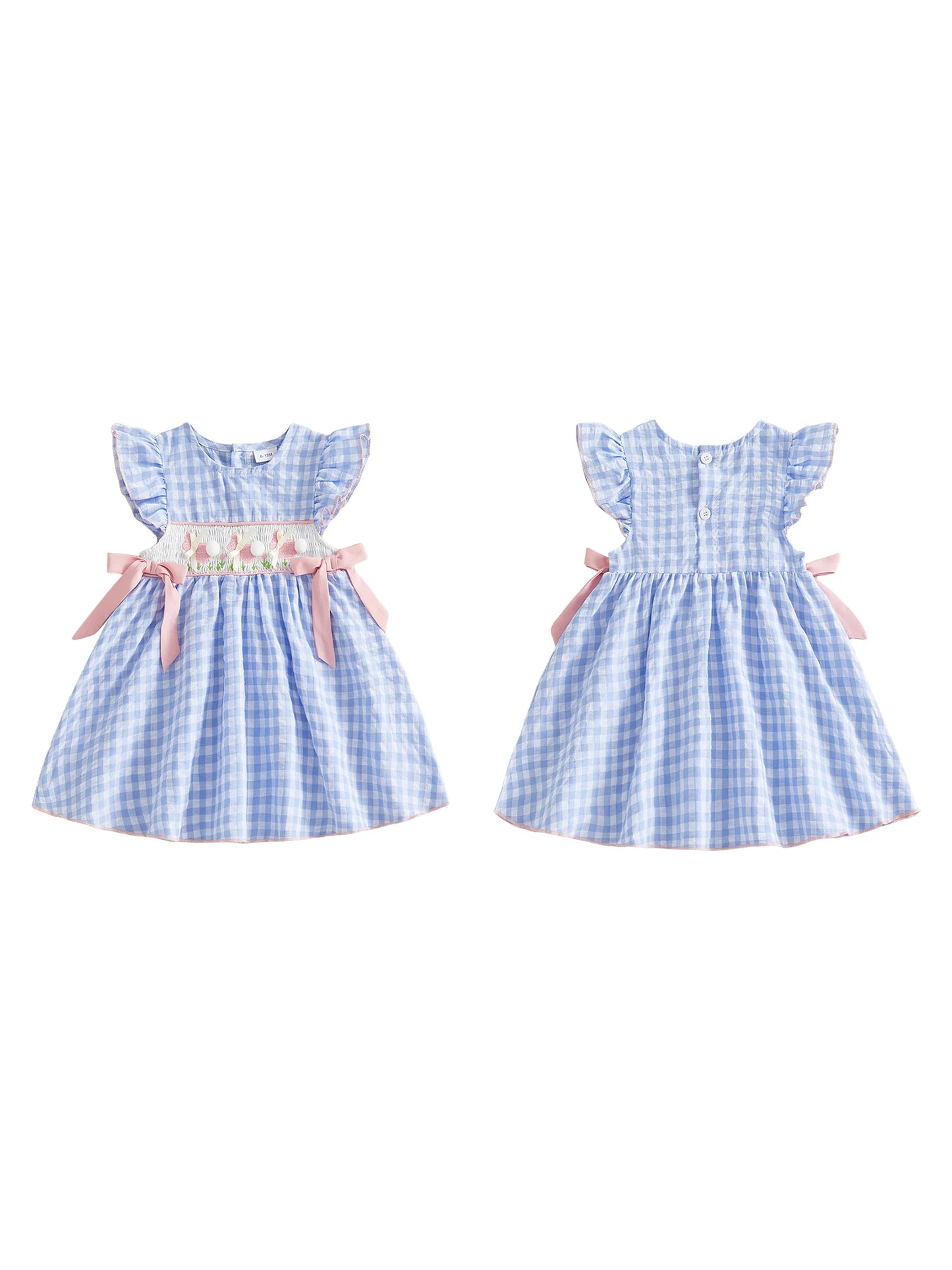 Toddler Baby Girl Easter Dress Flying Sleeve Crew Neck Rabbit Embroidery Plaid Print Bow Decor A Line Dress