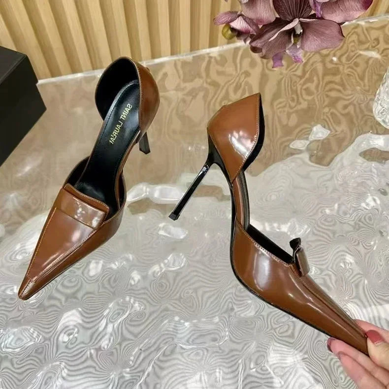 10cm Metal Blade Pointed Toe Stiletto Heels Pumps Coffee Brown Retro Fashion Dress Shoes Woman Thin High Heels Designer
