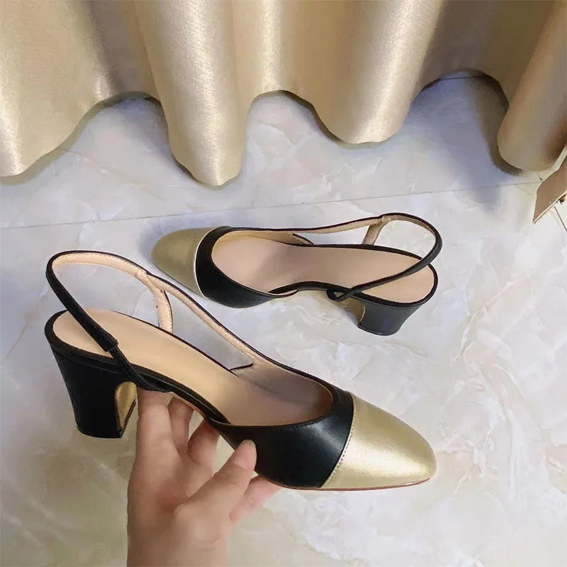 2023Spring Autumn Fashion High Heels Sandals Women's Dress Square Toe Slingback Shoes Women's Color Block Back With Flat Sandals
