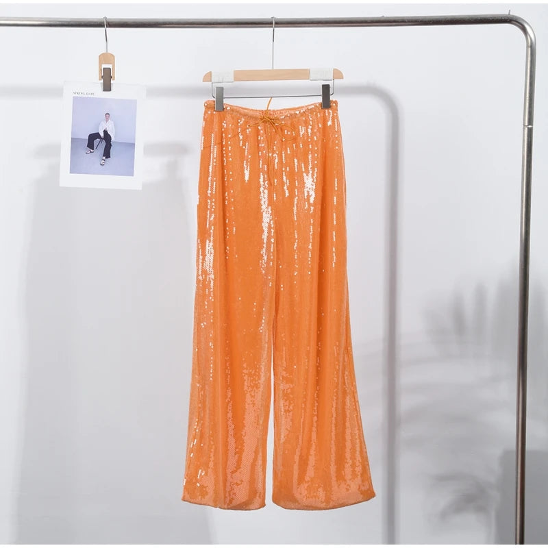 Women Sequin Pants Cinched Waist Glitter Baggy Straight Long Trousers