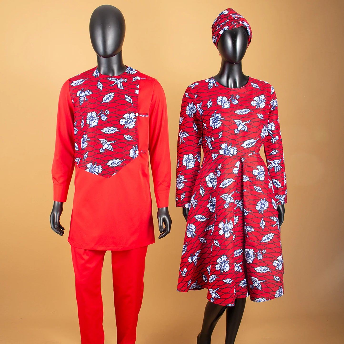 African Print Dresses for Women with Headwrap Matching Couple Outfits Dashiki Men Long Sleeve Pathwork Top and Pant Sets Y23C004
