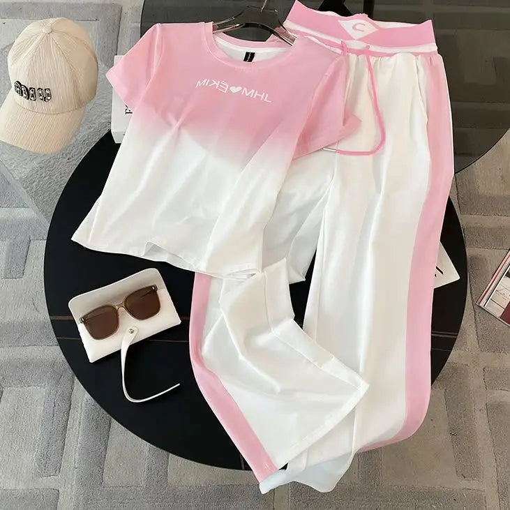 2024 Spring/Summer New Fashionable Gradient Short Sleeve+High Waist Wide Leg Pants Casual Two Piece Set