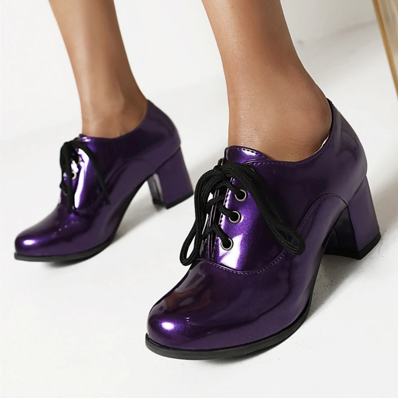 Women's Purple High Heels Loafer Shoes Fashion Lace-up Black White Block Heeled Party Wedding Office Shoes Female Big Size 45