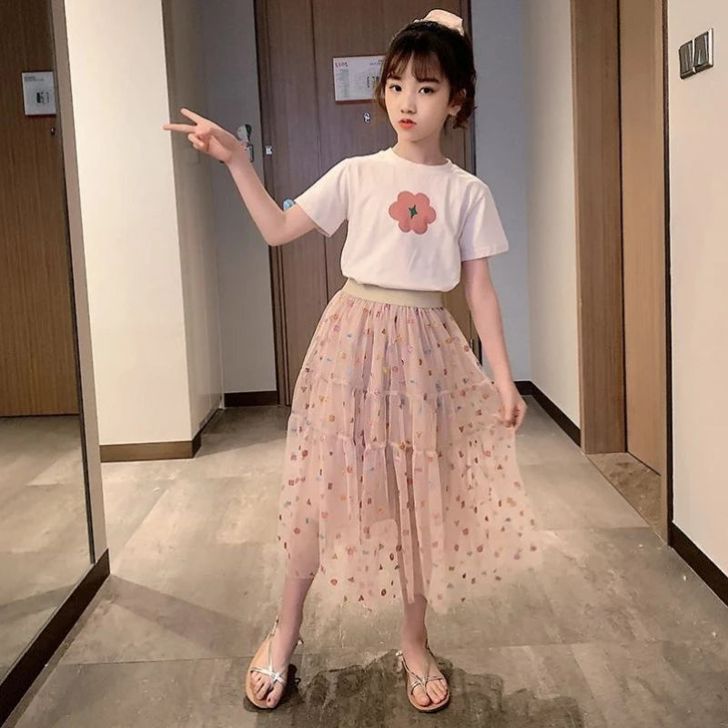 2026 Fashion Girls Dress Summer Kids T-shirt + Dress 2PCS School Casual Children Short Sleeve Dresses for Girl Teen 8 10 12 Year