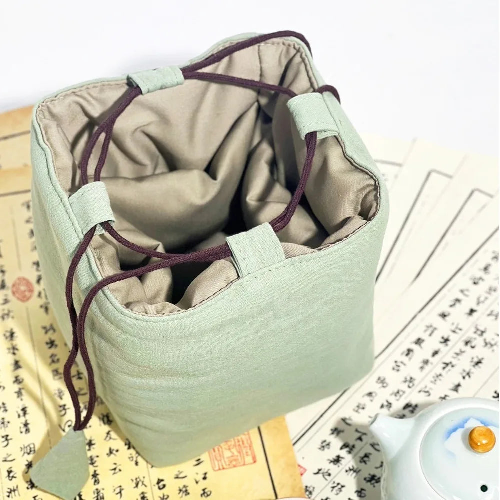 Chinese Style Tea Set Organizer Bag Embroidered Breakage-proof Teacup Drawstring Cloth Pouch Tea Ceremony Accessories