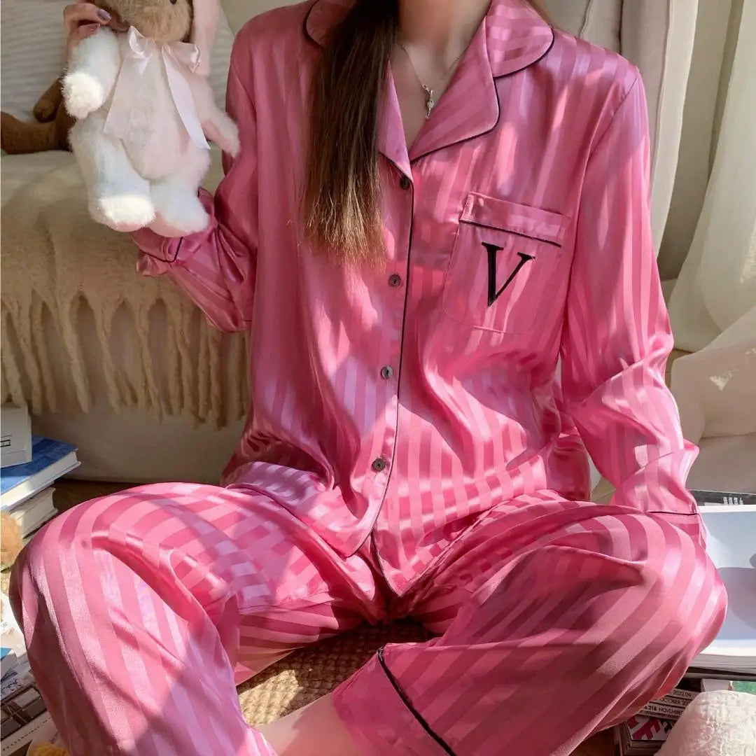 Silky Satin Pajama For Women Striped 2PCS Sleep Set Homewear 2025 Spring New Long Sleeve Trouser Suits Loungewear Nightwear