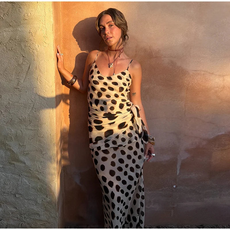 Scoop Neck Women's Dress Spaghetti Strap Polka Dot Tie Waist Removable Wrap Maxi Dress Vacation Beach 2026 New Fashion For Women