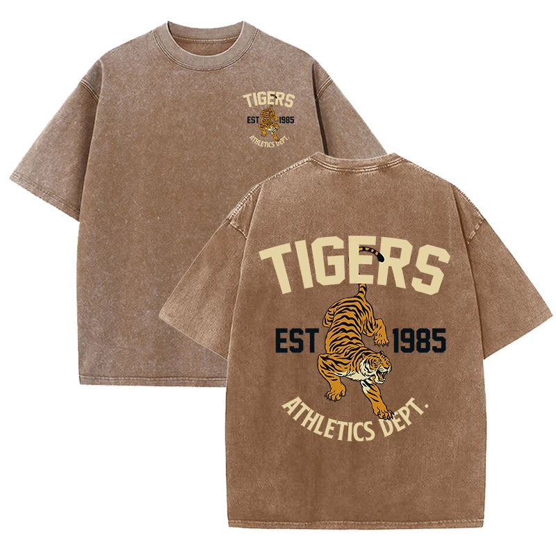 Tigers Est 1985 Sport Print Washed Women T-Shirt Summer Casual Retro T Shirts Snow Wash Tee Top Loose Unisex Retro Streetwear
