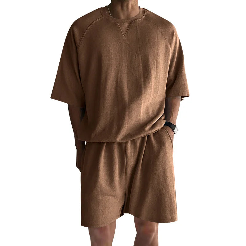 New 2026 Summer Men's Two Piece Sets Casual Loose Short Sleeve O Neck Tees and Shorts Tracksuits Men Stylish Solid Color Suits