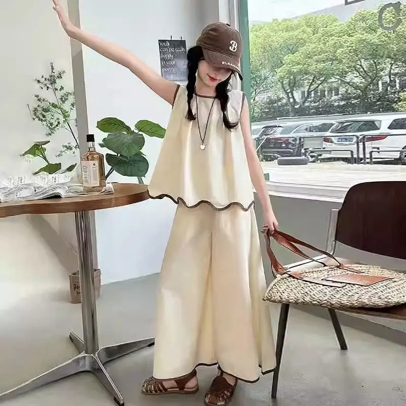 Girls Clothing Sets Fashion Summer Kids Loose Sleeveless Tshirts + Wide Pants 2PCS Casual Children Clothes 6 8 10 12 14 Years