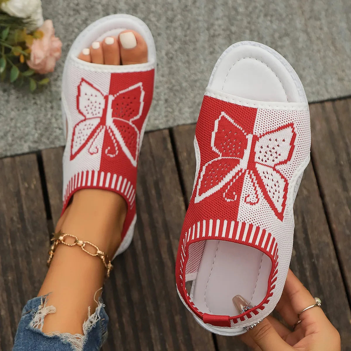 Women Sandals Summer Casual Peep Toe Sandals Mesh Fashion Wedges Butterfly Non Slip Outdoor Breath Sport Sandals Sneakers