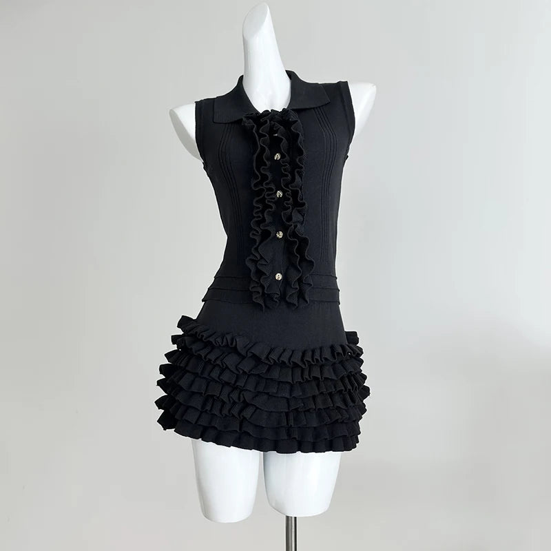 2 Two-Piece Knitted Skirt Sets Stylish Sleeveless Tank Tops and High Waist Layered Mini Skirts Black White Outfits Women Suits