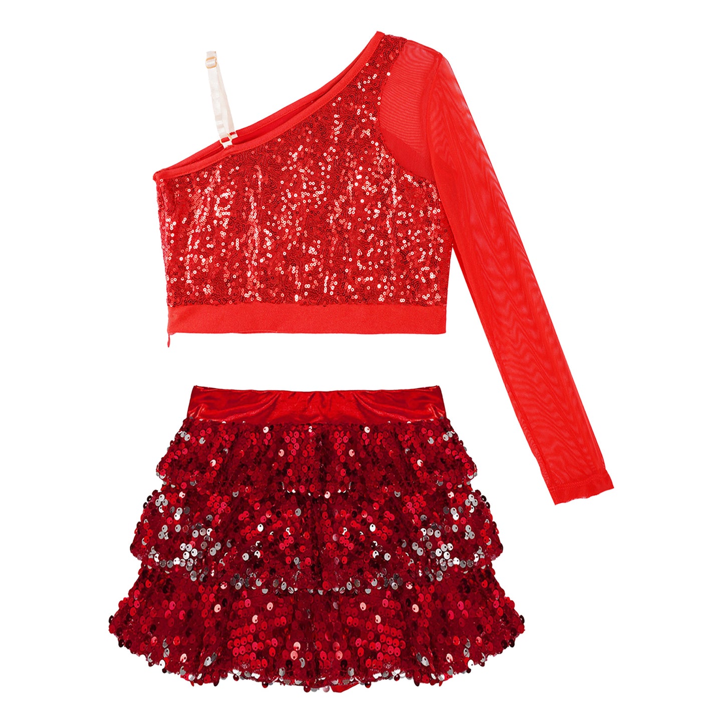 Kids Girls Dance Dresses Latin Jazz Modern Dance Show Costume Sequin Long Sleeve Crop Tops and Skirted Culottes Cheer Dancewear