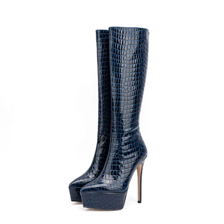 New Women Knee High Boots Patent Leather Pointed 15cm High Heels Winter Short Plush Waterproof Platform Girl Boots Large 34-45