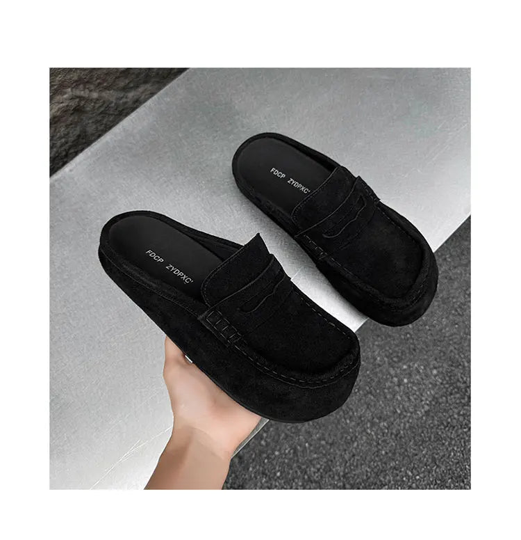 Suede Leather Open Back Casual Shoes Mules Men Backless Loafers Slippers Half Shoes Slip On Flats Vintage Man Slides Sandals