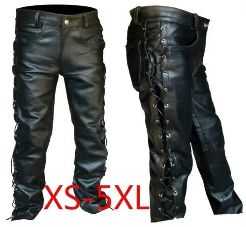 Men's Black Thick Leather Side Laces Up Jeans Style Long Pant Motorcycle Leather Trousers Leather Motorcycle Pants