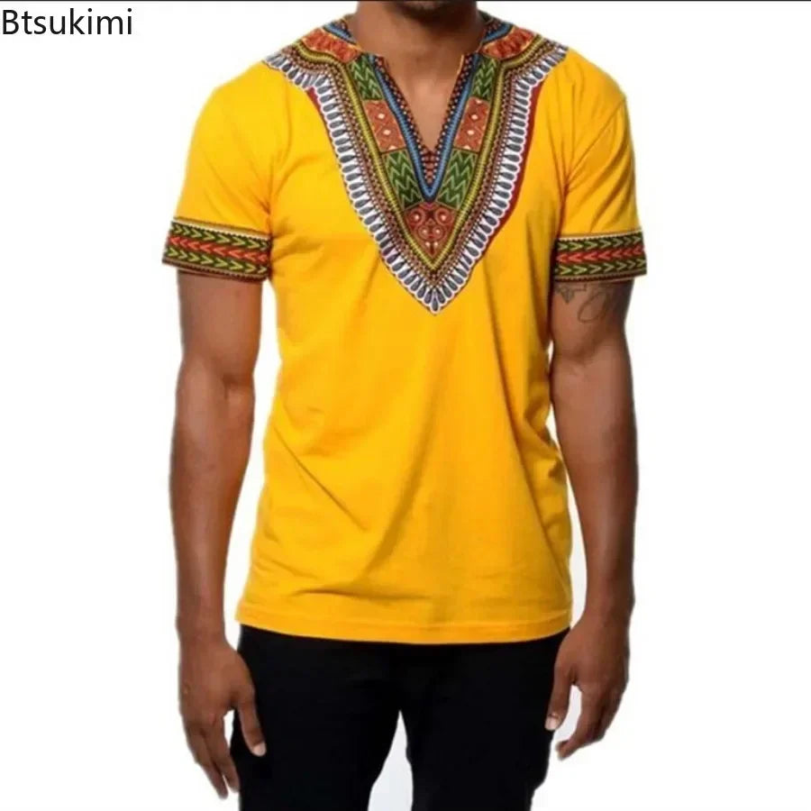 New 2026 Men's African Clothes T-shirts Casual Short Sleeve Traditional Ethnic Style Tops Men's Vintage Printed Perform Clothing