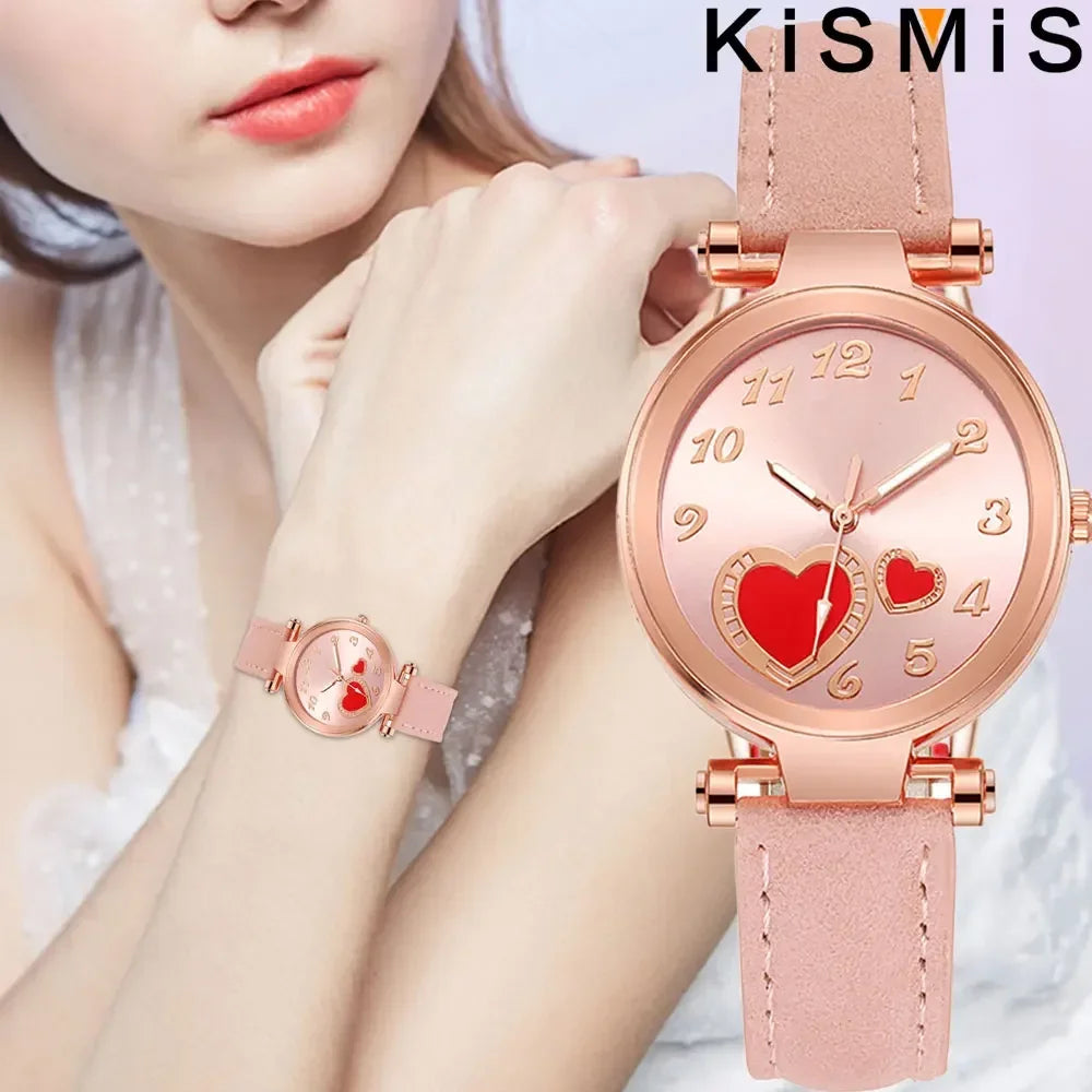 Women Fashion Watch Peach Heart Quartz Watch for Women Frosted Leather Strap Ladies Wristwatch Casual Dress Watch Gift for Her