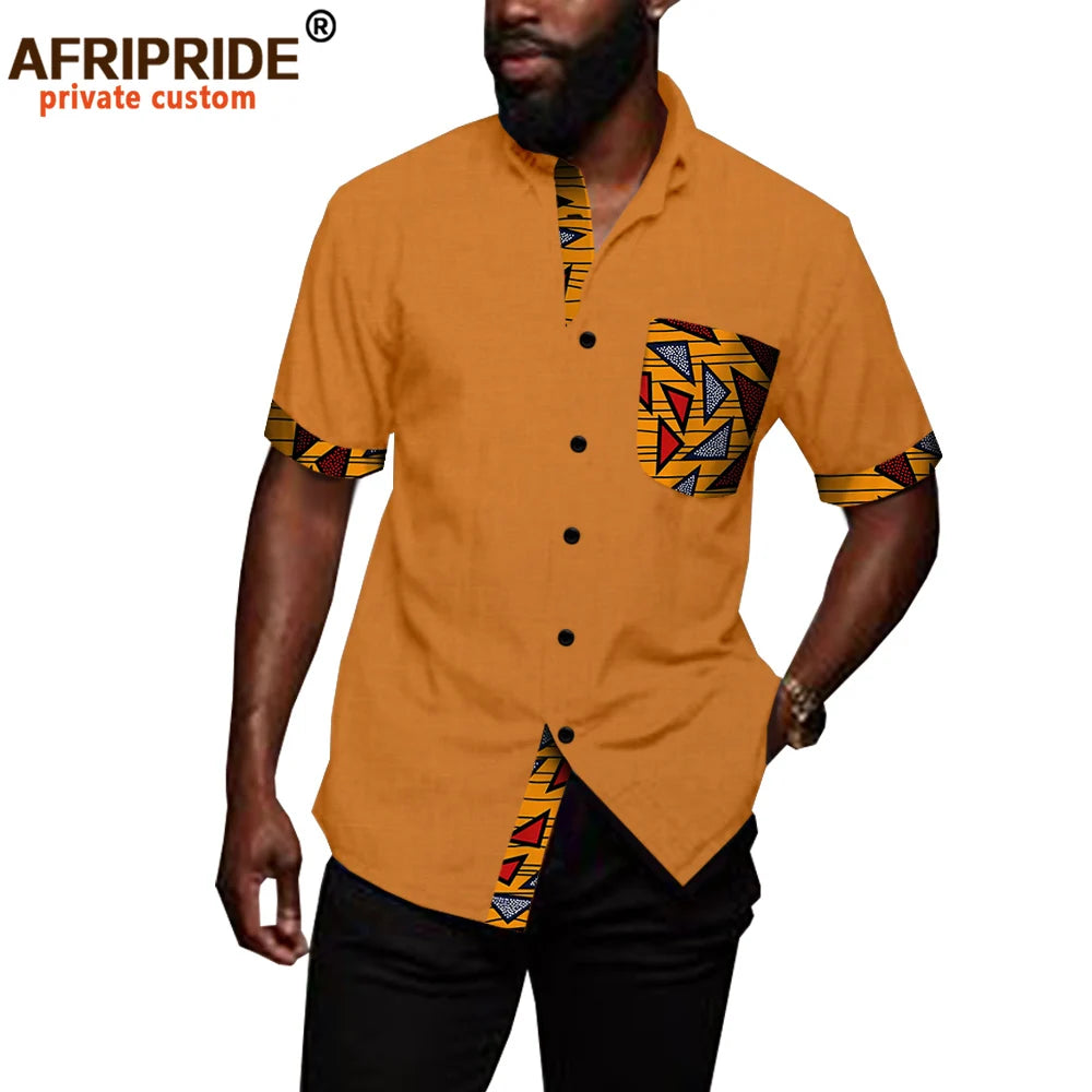 African Shirts for Men Denim Thin Shirt Short Sleeve Pockets Slim Slight Elastic Jeans Cowboy Shirt Clothing Crop Top A2012006