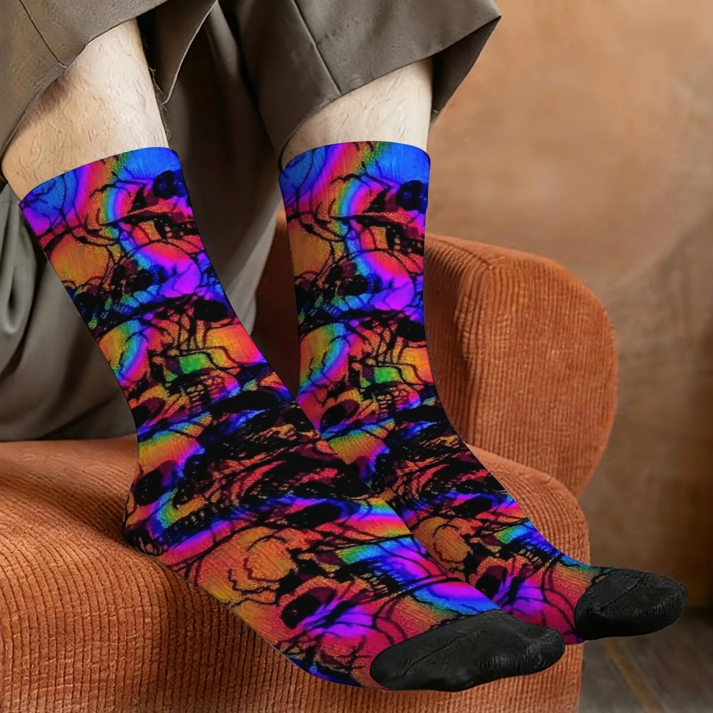 Harajuku retro psychedelic colorful dark skull print men's socks novel street trend cyberpunk style casual socks party gift